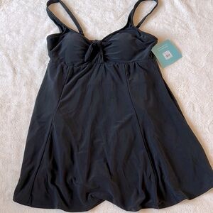 NWT 🏖️ BAL HARBOUR BLACK 1-PC TUMMY CONTROL MOLDED CUP BOW FRONT SWIM DRESS 18